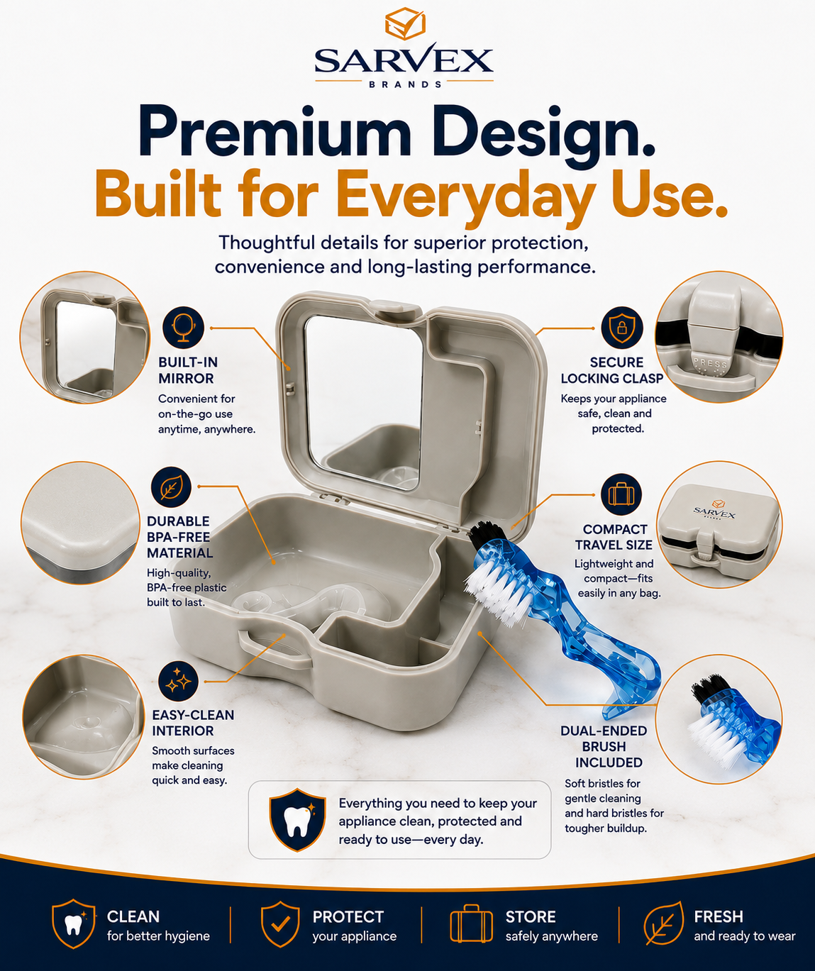 Premium Retainer, Aligner & Denture Storage Case with Mirror + Brush